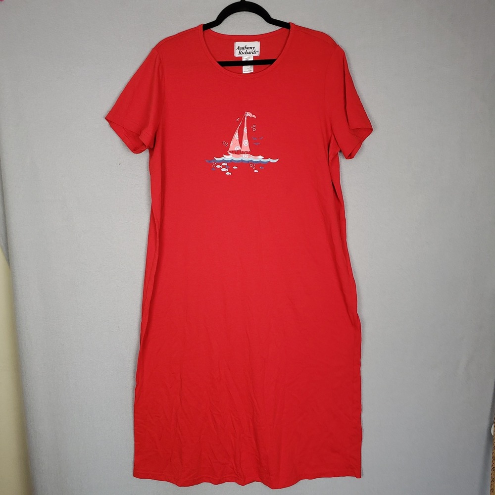 Tee Shirt Midi Dress Red Sailboat‎ Print Nautical Preppy Anthony Richards Size L